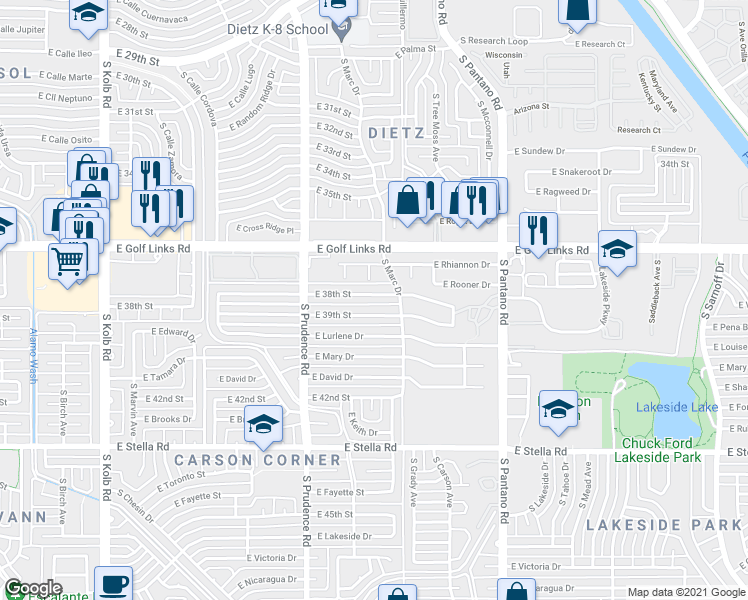 map of restaurants, bars, coffee shops, grocery stores, and more near 7626 East 38th Street in Tucson