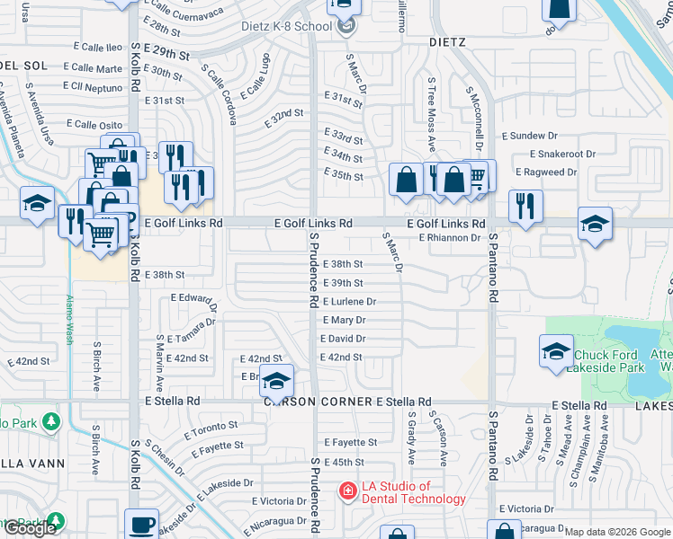 map of restaurants, bars, coffee shops, grocery stores, and more near 7510 East 38th Street in Tucson