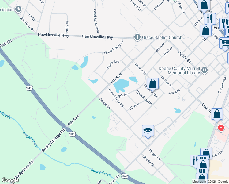 map of restaurants, bars, coffee shops, grocery stores, and more near 5222 Forest Lake Road in Eastman