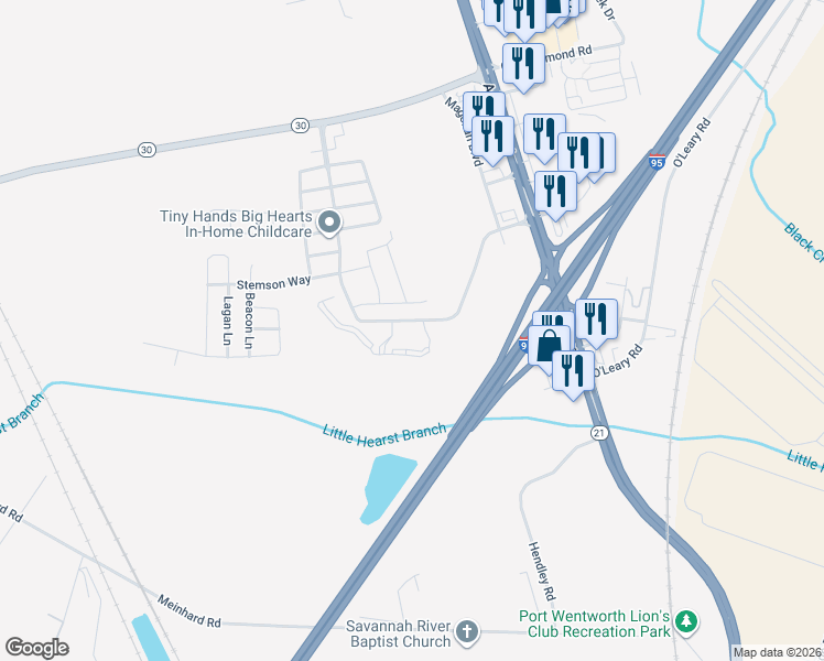 map of restaurants, bars, coffee shops, grocery stores, and more near 50 Newport Boulevard in Port Wentworth