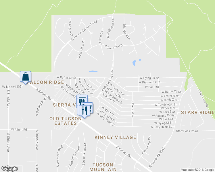 map of restaurants, bars, coffee shops, grocery stores, and more near 5860 West Circle Z Street in Tucson