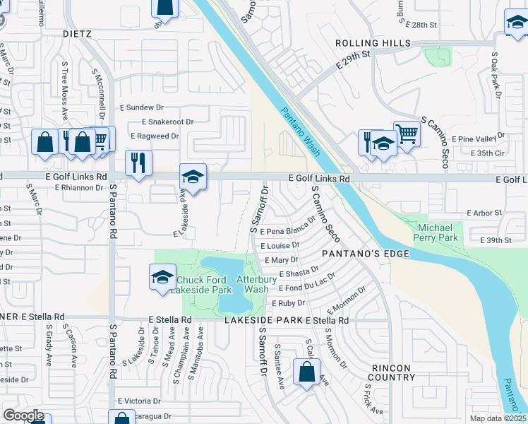 map of restaurants, bars, coffee shops, grocery stores, and more near 8310 East Wildcat Drive in Tucson