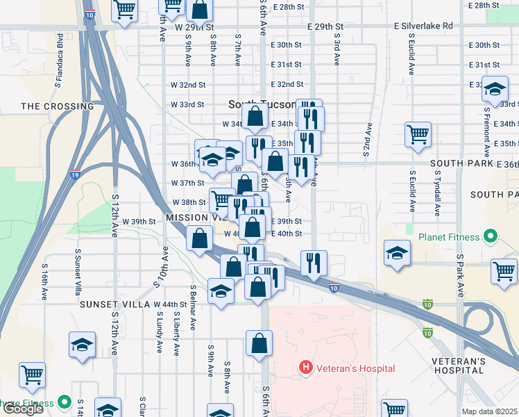 map of restaurants, bars, coffee shops, grocery stores, and more near 2804 South 6th Avenue in Tucson