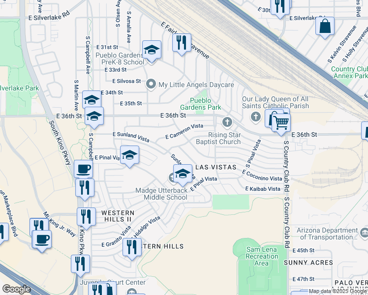 map of restaurants, bars, coffee shops, grocery stores, and more near 2703 South Coconino Vista in Tucson