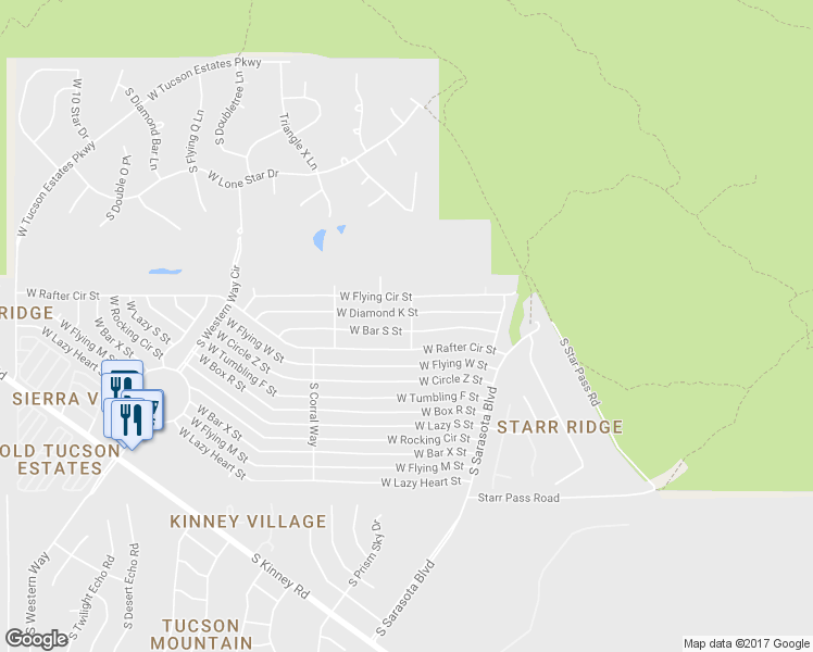 map of restaurants, bars, coffee shops, grocery stores, and more near 5430 West Bar South Street in Tucson