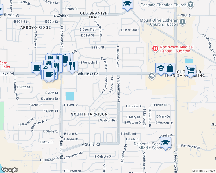 map of restaurants, bars, coffee shops, grocery stores, and more near 2718 South Pace East Drive in Tucson