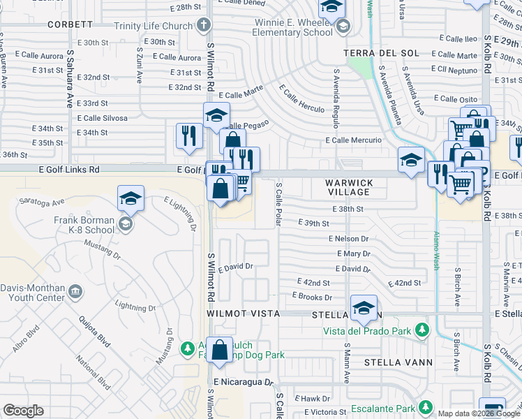 map of restaurants, bars, coffee shops, grocery stores, and more near 6442 East Golf Links Road in Tucson