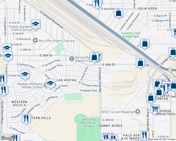 map of restaurants, bars, coffee shops, grocery stores, and more near 3034 East Proctor Vista in Tucson