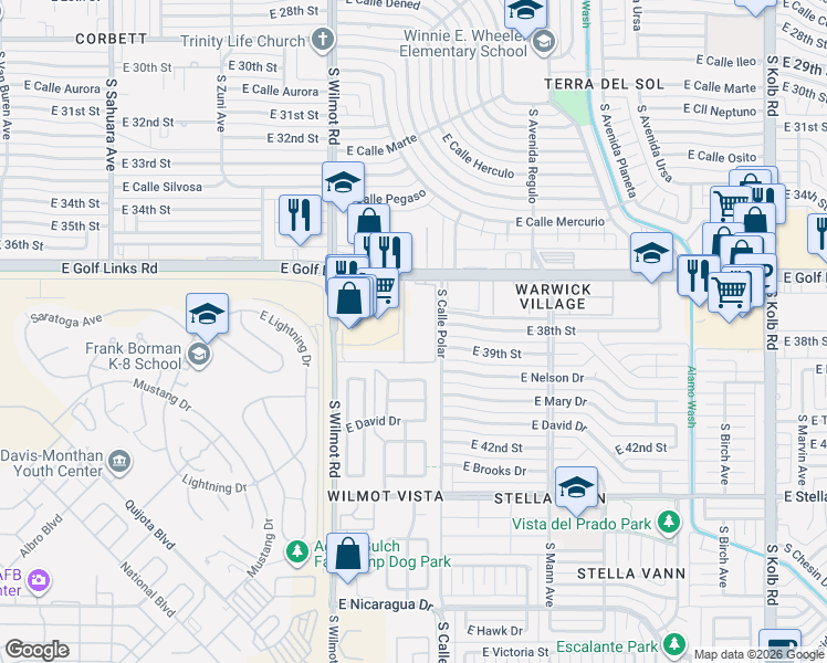 map of restaurants, bars, coffee shops, grocery stores, and more near 6442 East Golf Links Road in Tucson