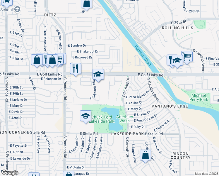 map of restaurants, bars, coffee shops, grocery stores, and more near Saddleback Avenue South in Tucson