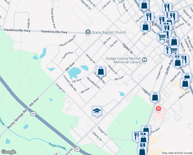 map of restaurants, bars, coffee shops, grocery stores, and more near 5021 Greenhill Road in Eastman