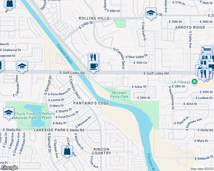 map of restaurants, bars, coffee shops, grocery stores, and more near 8718 East Perry Park Circle in Tucson