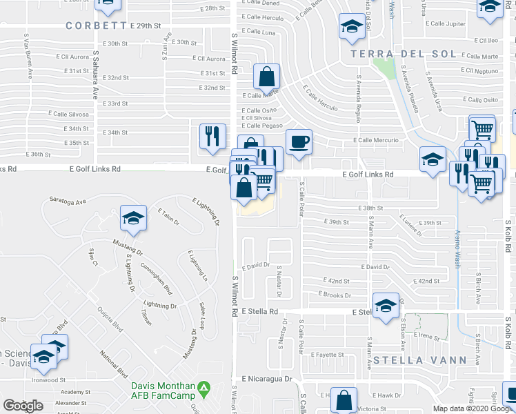 map of restaurants, bars, coffee shops, grocery stores, and more near 6330 East Golf Links Road in Tucson