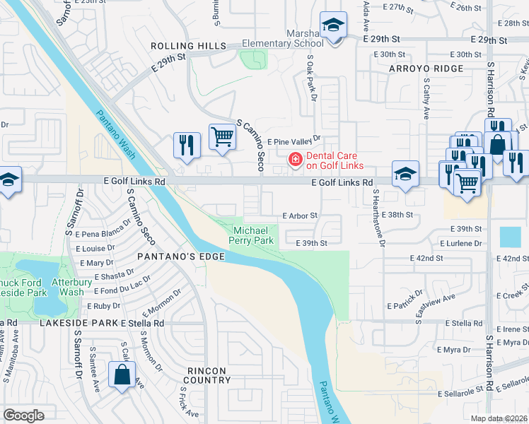 map of restaurants, bars, coffee shops, grocery stores, and more near 2761 South Oakenshield Way in Tucson