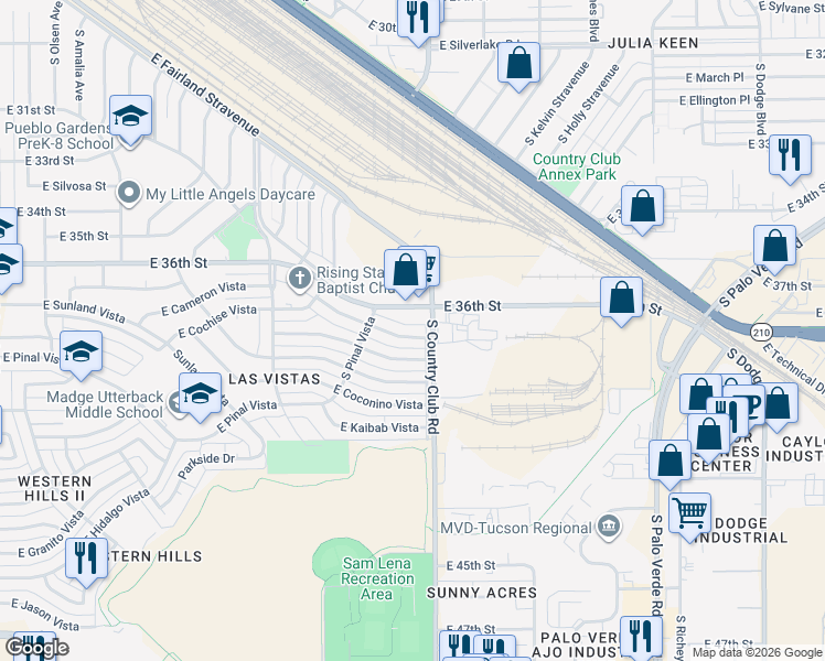map of restaurants, bars, coffee shops, grocery stores, and more near 3034 East Proctor Vista in Tucson