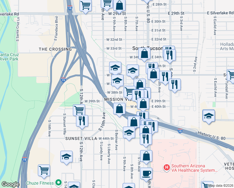 map of restaurants, bars, coffee shops, grocery stores, and more near 2806 South 9th Avenue in Tucson