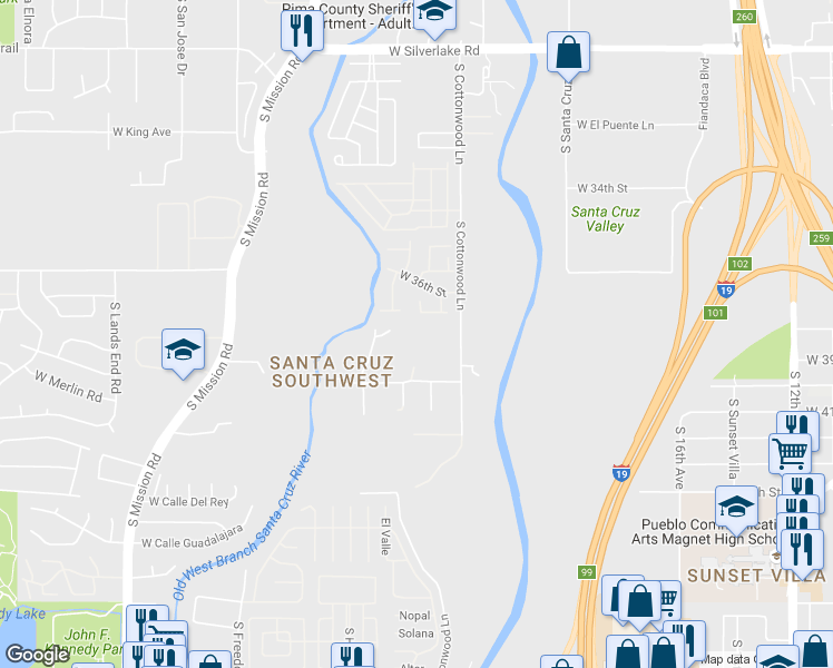 map of restaurants, bars, coffee shops, grocery stores, and more near 2810 South Cottonwood Lane in Tucson