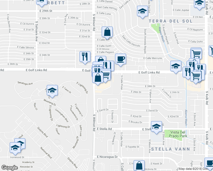 map of restaurants, bars, coffee shops, grocery stores, and more near 6360 East Golf Links Road in Tucson