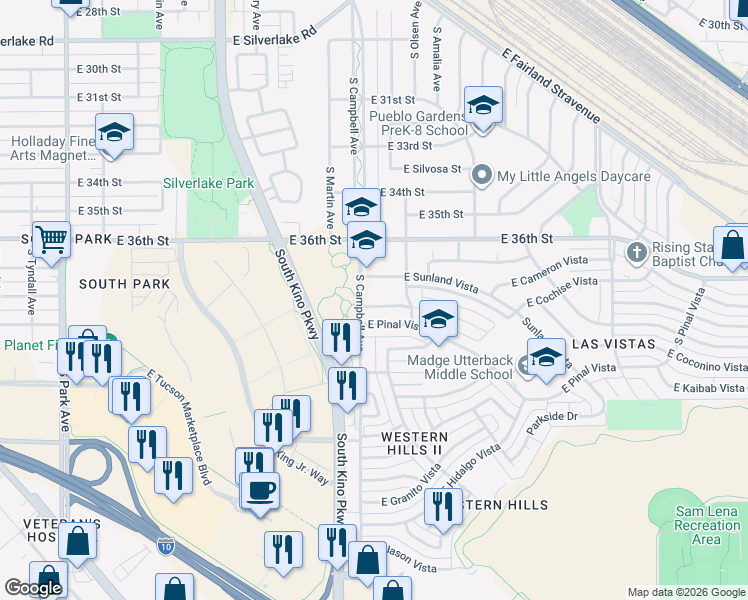 map of restaurants, bars, coffee shops, grocery stores, and more near 1939 Vera Cruz Vista in Tucson