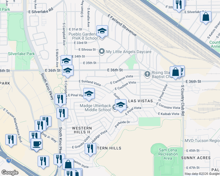 map of restaurants, bars, coffee shops, grocery stores, and more near 2319 East Sunland Vista in Tucson