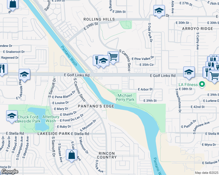map of restaurants, bars, coffee shops, grocery stores, and more near 8718 East Perry Park Circle in Tucson