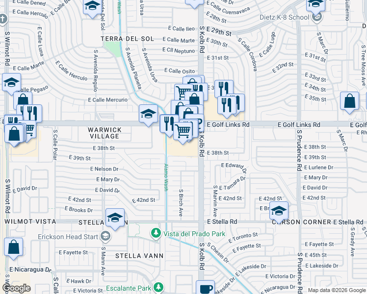 map of restaurants, bars, coffee shops, grocery stores, and more near 7050 East Golf Links Road in Tucson