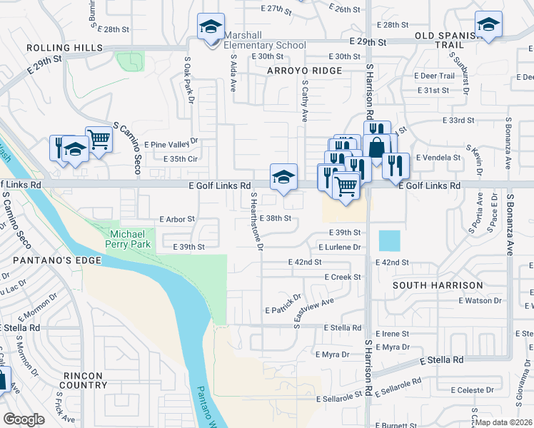 map of restaurants, bars, coffee shops, grocery stores, and more near 9211 East 38th Street in Tucson