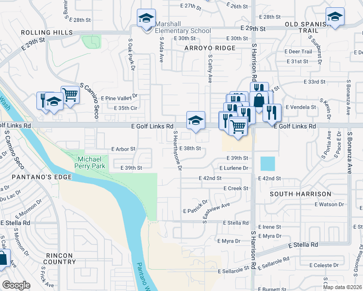 map of restaurants, bars, coffee shops, grocery stores, and more near 9209 East 38th Street in Tucson