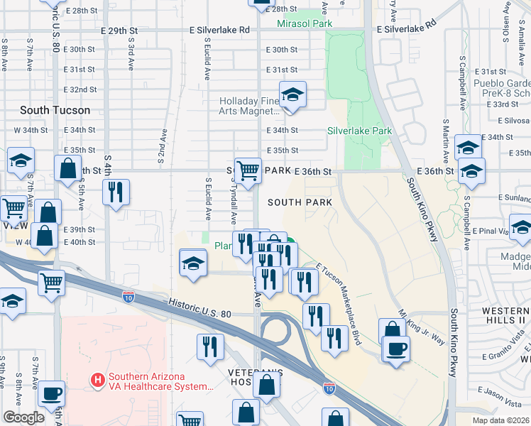 map of restaurants, bars, coffee shops, grocery stores, and more near 2801-2899 South Park Avenue in Tucson