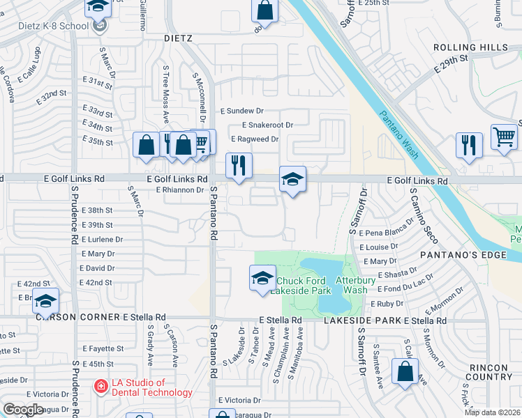 map of restaurants, bars, coffee shops, grocery stores, and more near 7941 East Lakeside Parkway in Tucson