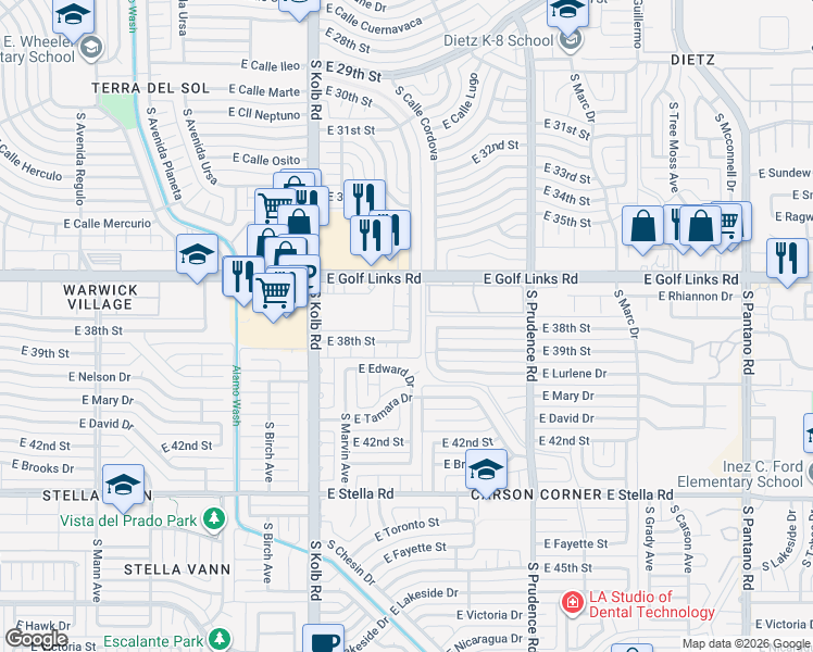 map of restaurants, bars, coffee shops, grocery stores, and more near 7241 East 38th Street in Tucson