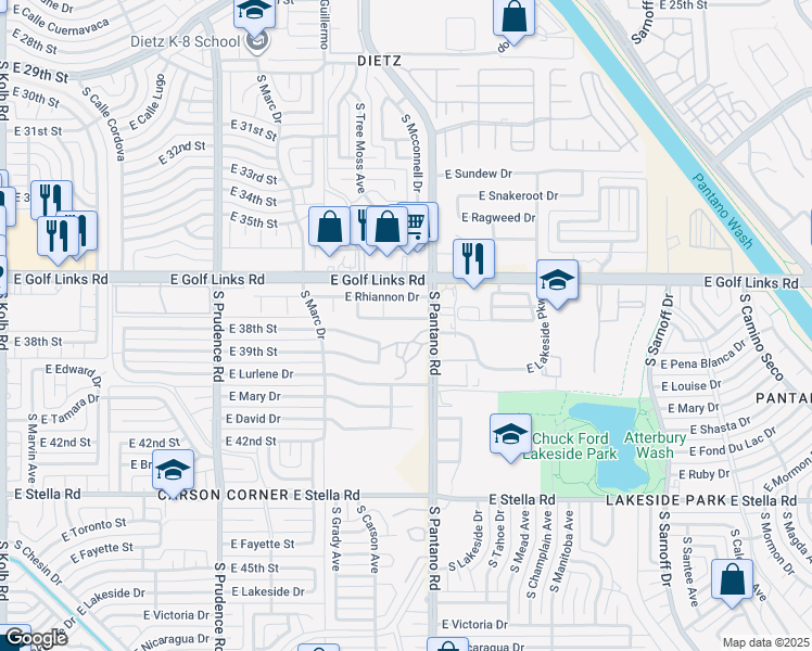 map of restaurants, bars, coffee shops, grocery stores, and more near 7870 East Rooner Drive in Tucson