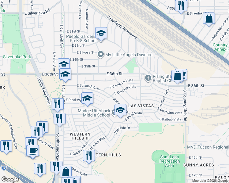 map of restaurants, bars, coffee shops, grocery stores, and more near 2337 East Cochise Vista in Tucson