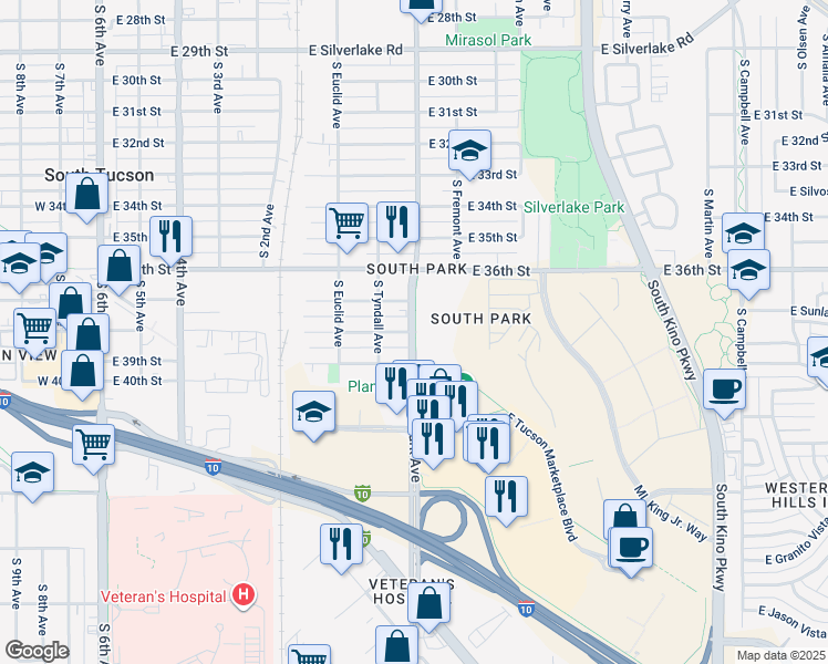 map of restaurants, bars, coffee shops, grocery stores, and more near 2801 South Park Avenue in Tucson