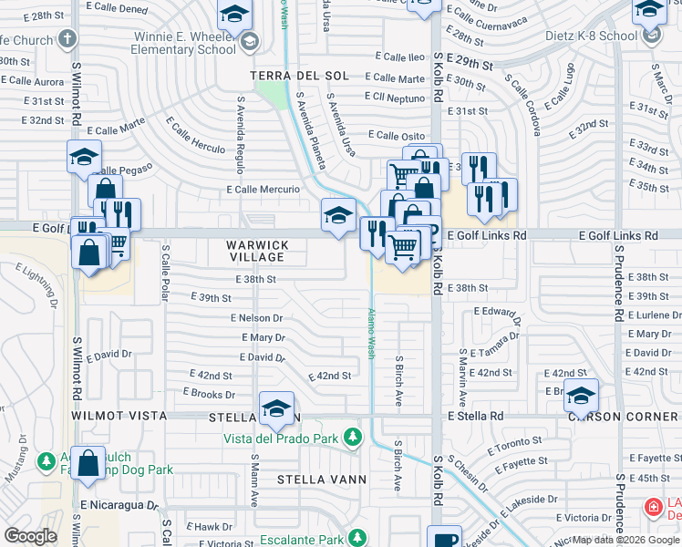 map of restaurants, bars, coffee shops, grocery stores, and more near 6864 East 38th Street in Tucson