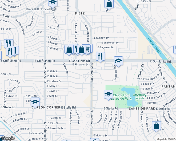 map of restaurants, bars, coffee shops, grocery stores, and more near 7870 East Rooner Drive in Tucson