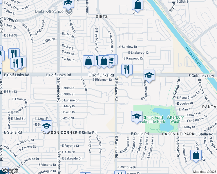 map of restaurants, bars, coffee shops, grocery stores, and more near 7852 East Rooner Drive in Tucson