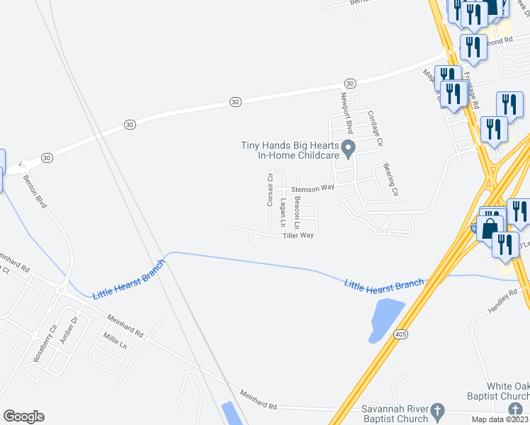 map of restaurants, bars, coffee shops, grocery stores, and more near 59 Corsair Circle in Savannah