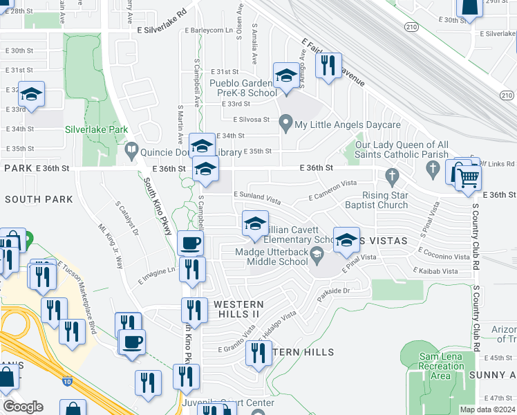 map of restaurants, bars, coffee shops, grocery stores, and more near 2164 East Sunland Vista in Tucson