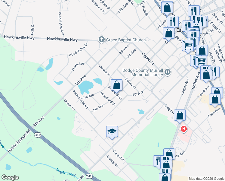 map of restaurants, bars, coffee shops, grocery stores, and more near 5021 Greenhill Road in Eastman