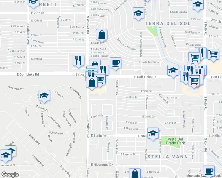map of restaurants, bars, coffee shops, grocery stores, and more near 6442 East Golf Links Road in Tucson
