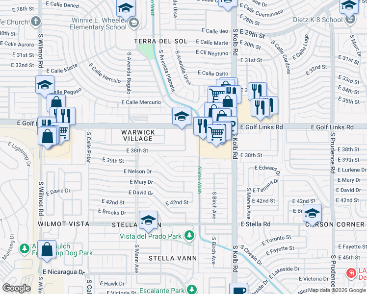 map of restaurants, bars, coffee shops, grocery stores, and more near 6864 East 38th Street in Tucson