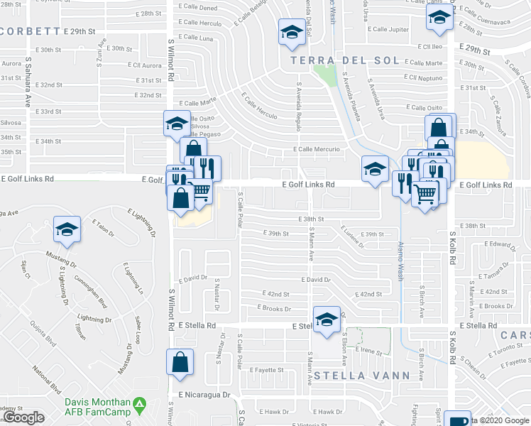 map of restaurants, bars, coffee shops, grocery stores, and more near 6549 East 38th Street in Tucson