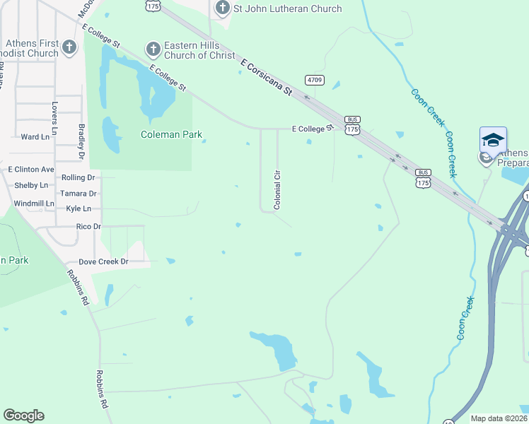 map of restaurants, bars, coffee shops, grocery stores, and more near 210 Colonial Circle in Athens