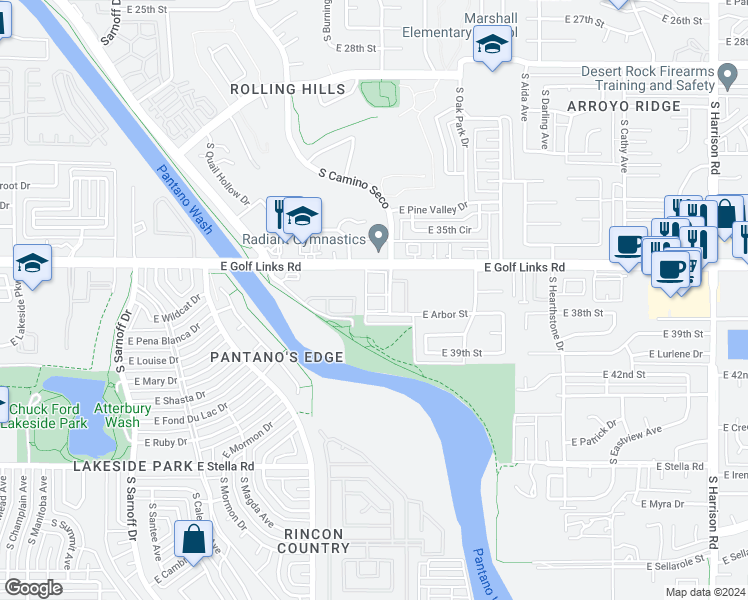 map of restaurants, bars, coffee shops, grocery stores, and more near 8736 East Perry Park Circle in Tucson