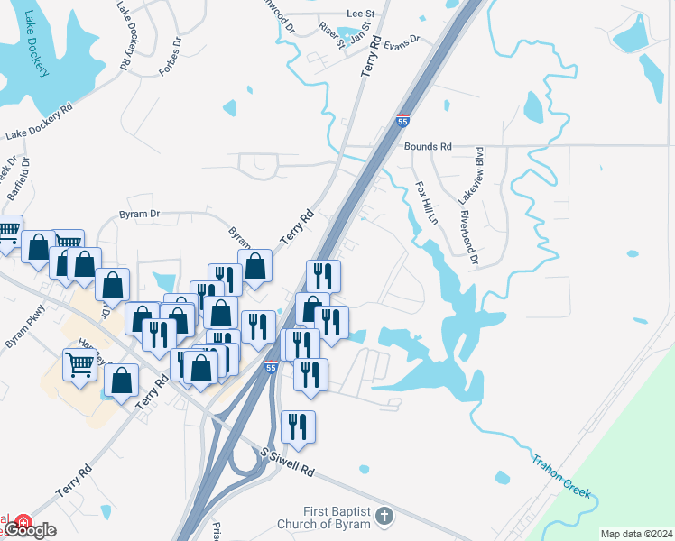 map of restaurants, bars, coffee shops, grocery stores, and more near 120 Southpointe Drive in Byram