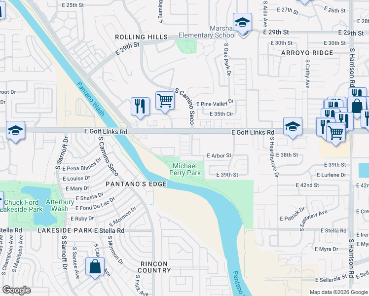 map of restaurants, bars, coffee shops, grocery stores, and more near 2716 South Oakenshield Way in Tucson