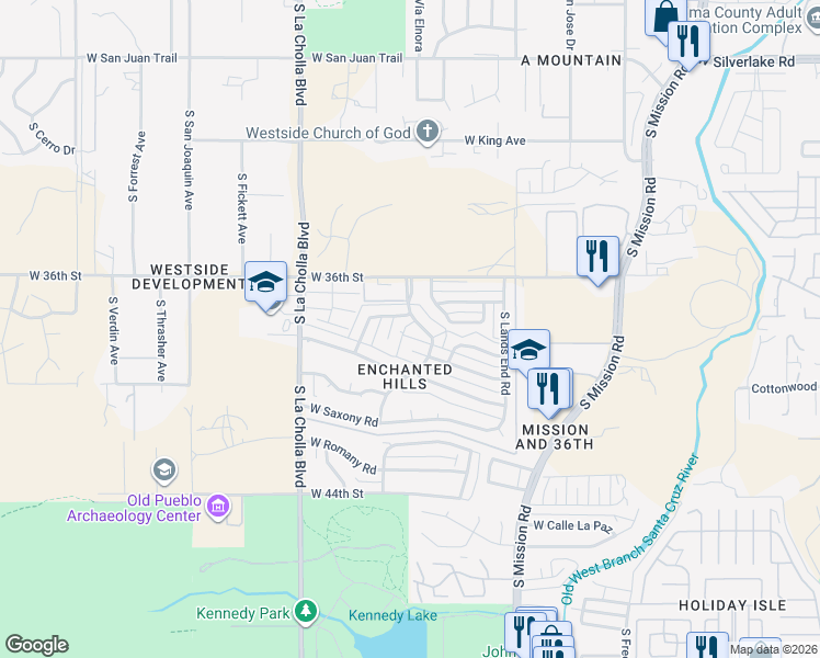 map of restaurants, bars, coffee shops, grocery stores, and more near 1942 Camelot Place in Tucson