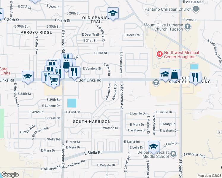 map of restaurants, bars, coffee shops, grocery stores, and more near 2718 S Pace E Dr in Tucson
