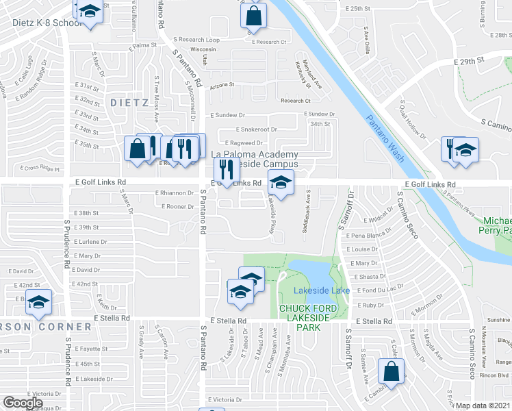 map of restaurants, bars, coffee shops, grocery stores, and more near 8051 East Lakeside Parkway in Tucson